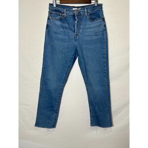 Levi's Women's Wedgie Straight Jeans Button Fly Blue Hi Rise Jeans Raw Hem SZ 31